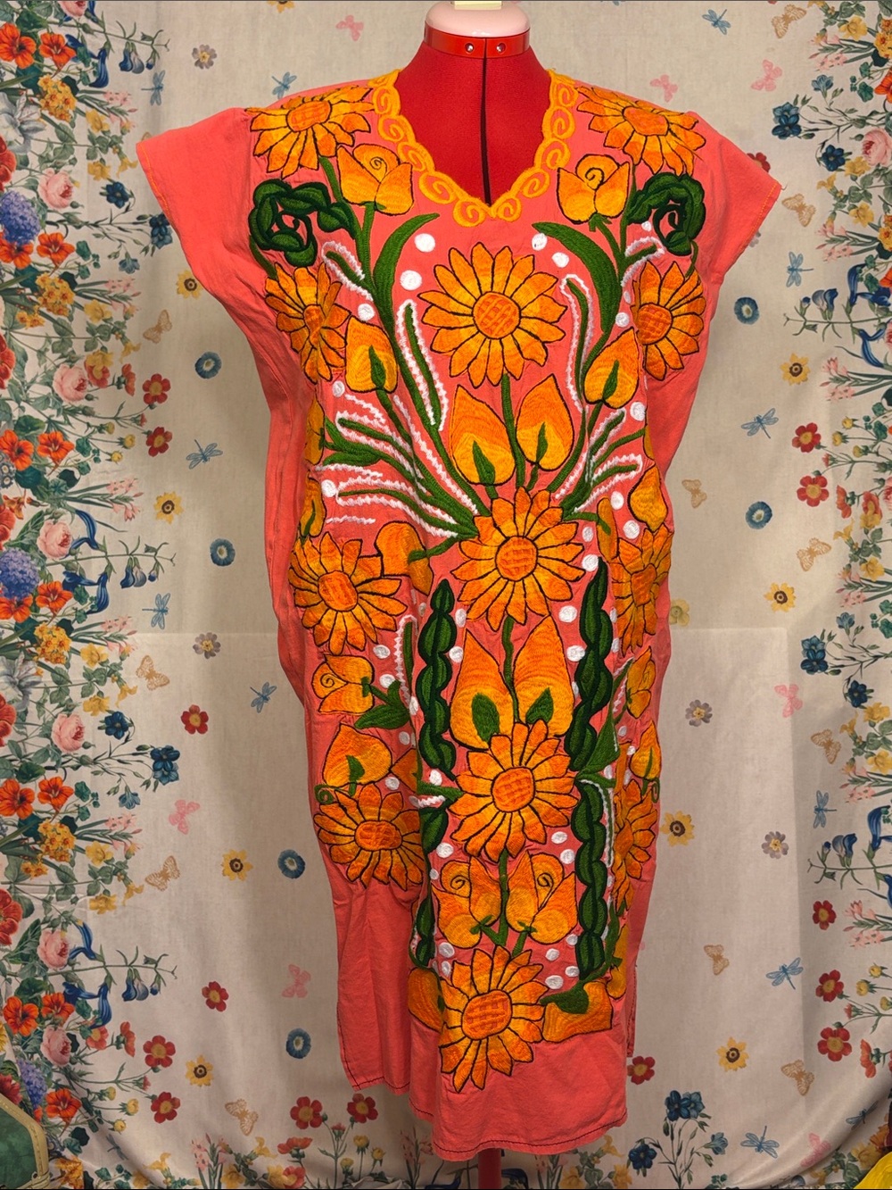 Authentic Made in Mexico Embroidered Coral Midi Dress with Sunflower Motif